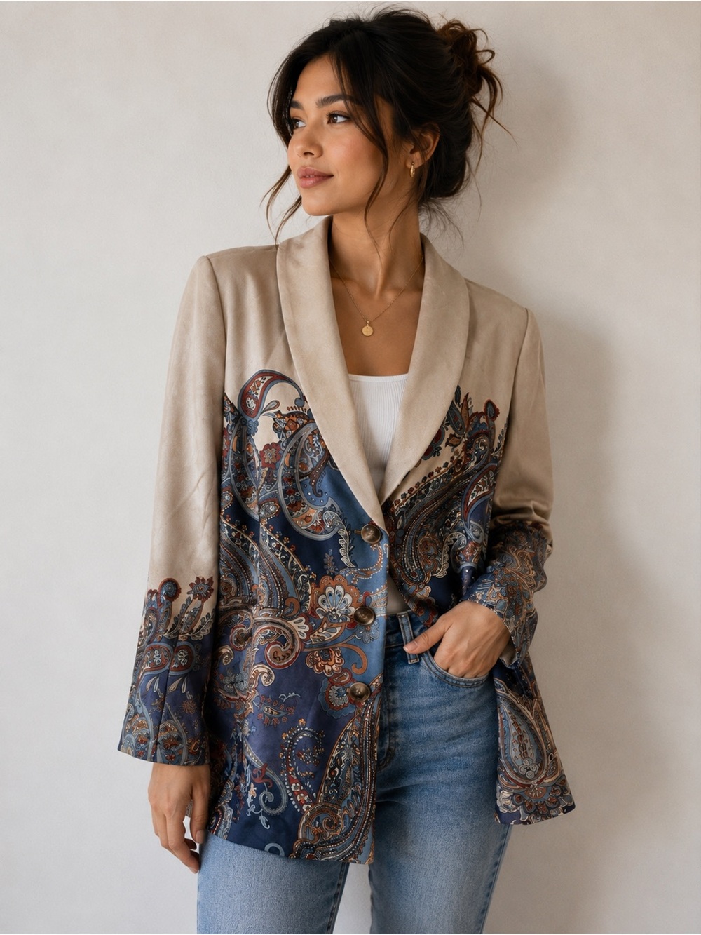 Susan Graver Paisley Print Open Front Blazer Jacket Size Small Boho Chic